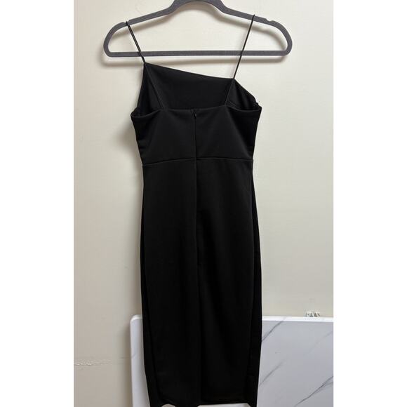 Small Black Asymmetrical Midi Dress Front Slit Minimalist Clean Girl Trendy - Picture 2 of 3